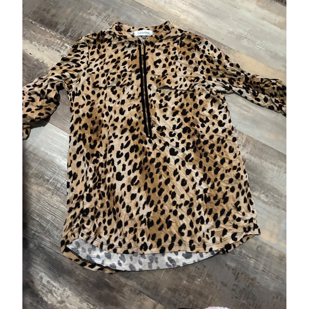 Calvin Klein Women Leopard Print Half Zip Roll Tab Sleeve Blouse Small Tan Black